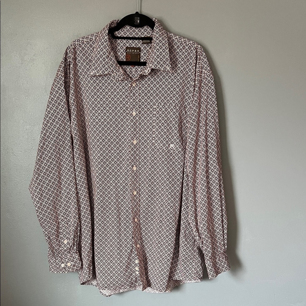 Roper Men’s Long‎ Sleeve Button Western Shirt Cotton Wine Maroon Geometeric  2XL